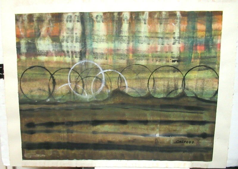 DAVID R ONSTOTT "MONDAY EVENING" VINTAGE ABSTRACT TEMPERA PAINTING gallery