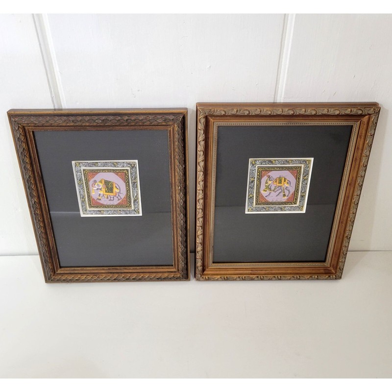 Hand Painted Elephant and Camel on Silk Framed Set