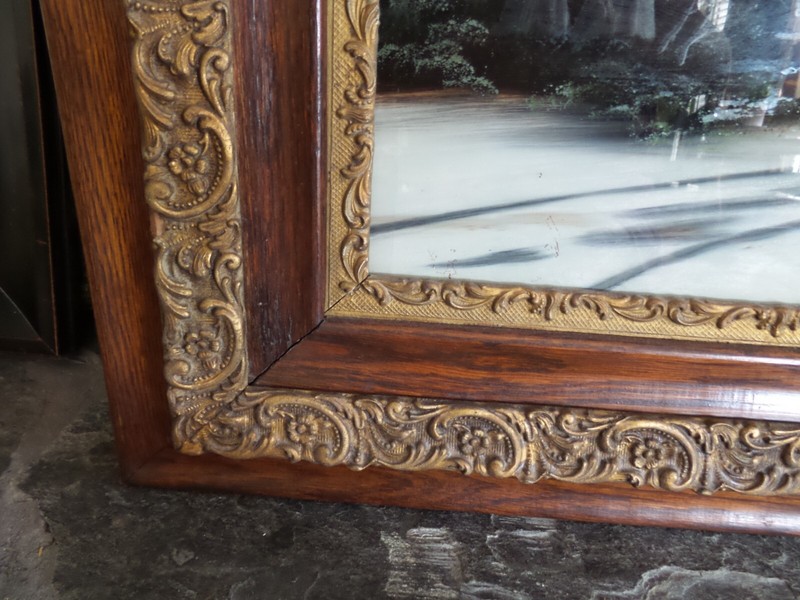 ANTIQUE SNOW SCENE REVERSE PAINTING FRAMED IN ANTIQUE WOOD GESSO FRAME gallery