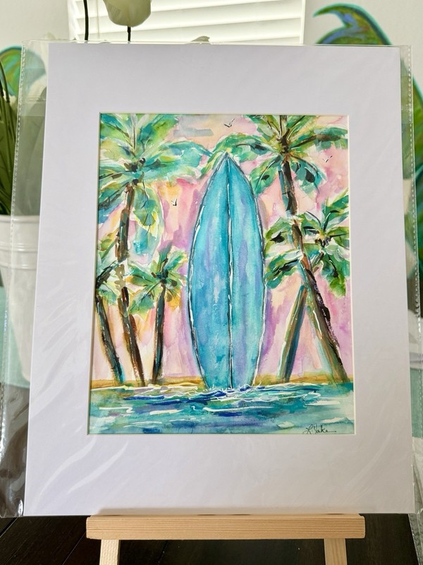 Beach Surfboard Palm Tree Art Original With White Mat Linda Yake 11×14