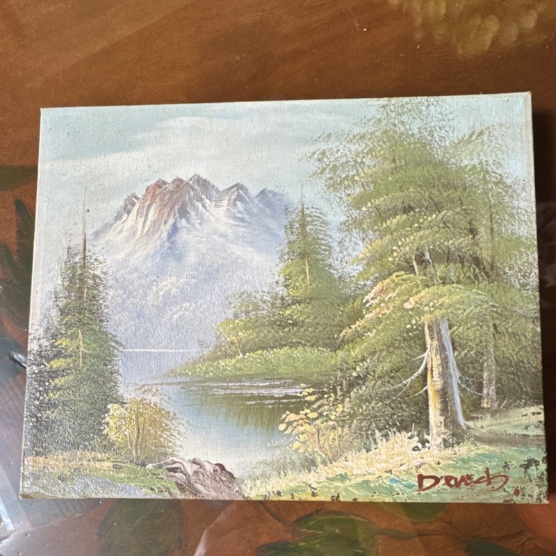 Darech Original Oil Painting Mountain Landscape Trees Lake on Canvas 10×8 in