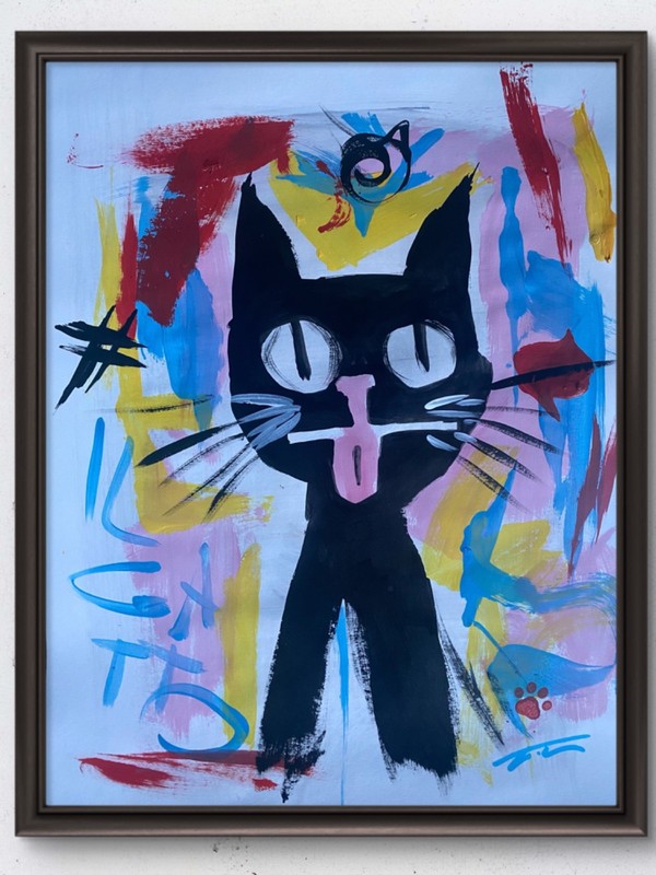 Cartoon Cat Street Art Abstract Acrylic Original Art 14×11 Paper