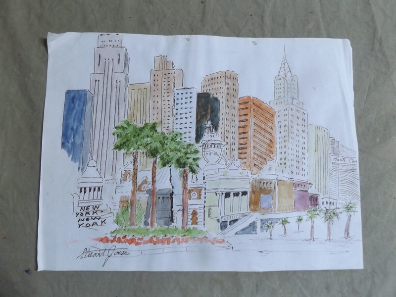 Original 9×12″ Pen/Watercolor Sketch LAS VEGAS -Stuart Jones 1990s en plein air