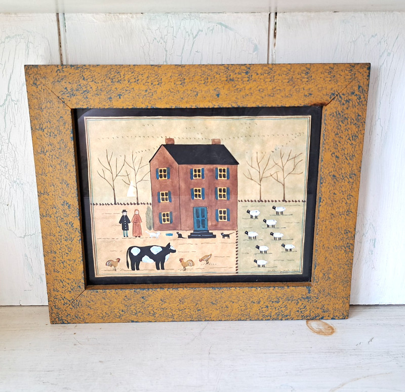 ORIGINAL Vintage HETHERLY HALE Watercolor Primitive Folk Art Farm Scene Framed