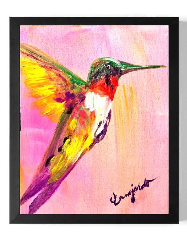 Guajardo Art: Flying Free Hummingbird 14X11 Black Light Neo Expressionism Canvas