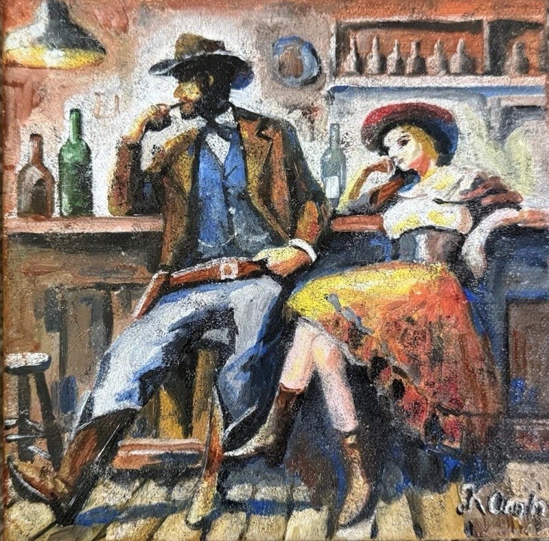 ORIGINAL OIL PAINTING WESTERN COUPLE COWBOY COWGIRL STRETCH CANVAS SIGNED 6×6