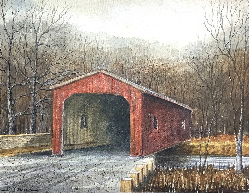 Orig. Matted Watercolor – Pennsylvania Covered Bridge – by PA Artist David Young