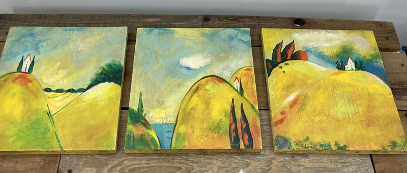 Janet Weed Beaver Whimsical Landscape Art–2003 Southern Living at HOME–3 Panels