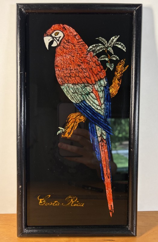 Vintage Foil Art Parrot Reverse Glass 12″ Framed MCM Costa Rica Tropical Palm