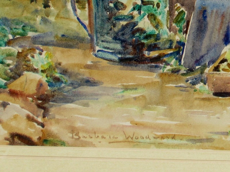 Barbara Woodward Circa 1940's Landscape w/foliage & vessels by a basement bunker gallery