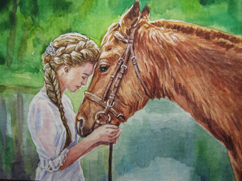 Watercolor Painting Woman & Horse ACEO Art