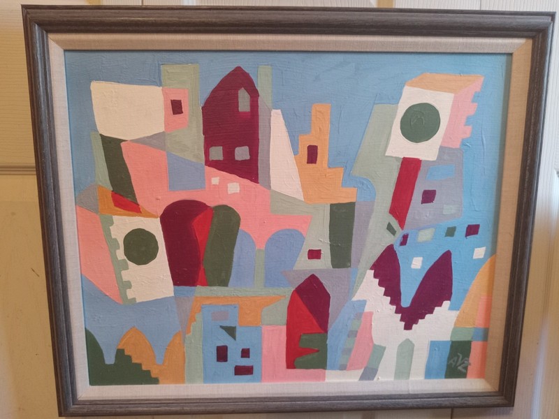 Vntge Abstract Expressionist Architectural Oil On Canvas Painting signed AVZ ’67