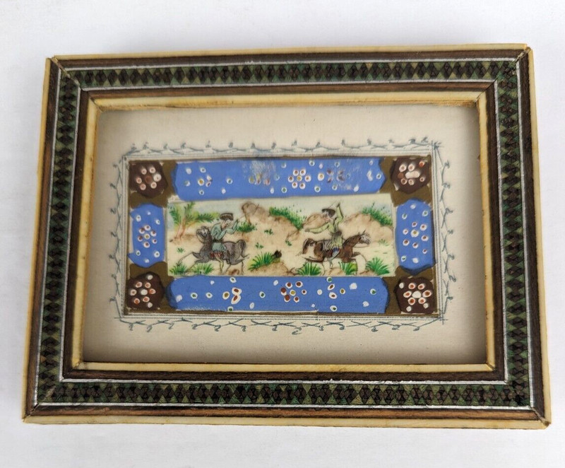 Khatam Inlay Marquetry Mosaic Frame Antique Persian Mini Painting 5″ x 3.75″