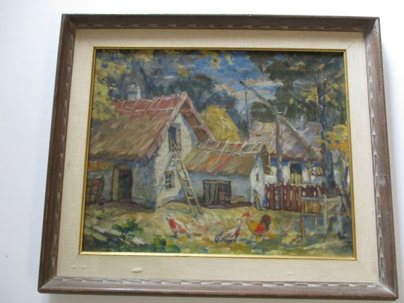 MIKLOS GASPAR ANTIQUE PAINTING LANDSCAPE CHICKENS FARM HOME ILLINOSE HUNGARY gallery
