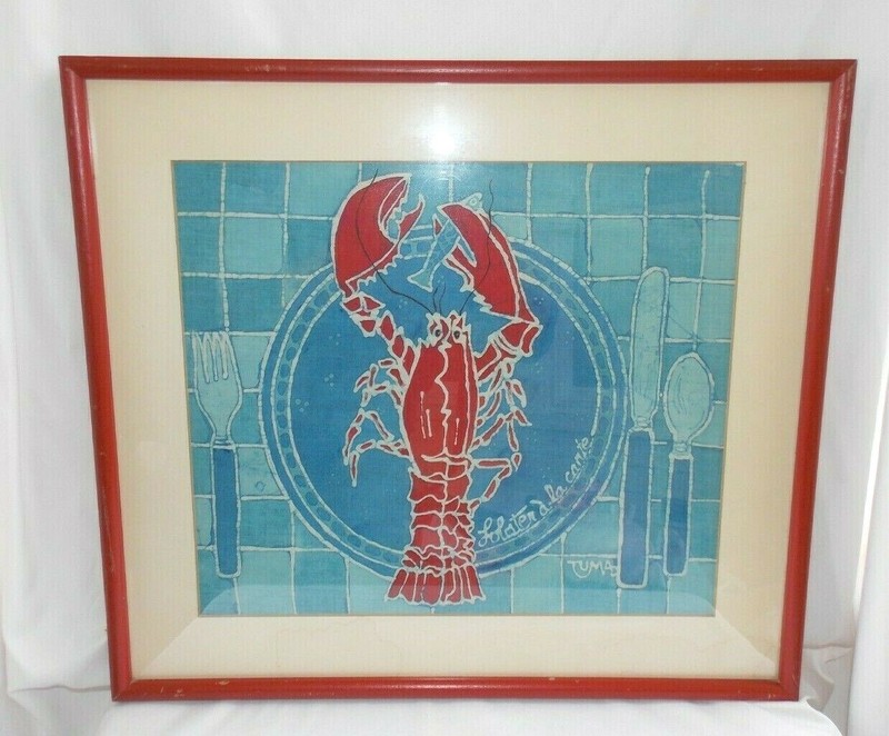 Red Blue Lobster Batik Original Signed Tuma(?) Framed Mixed Media Vintage