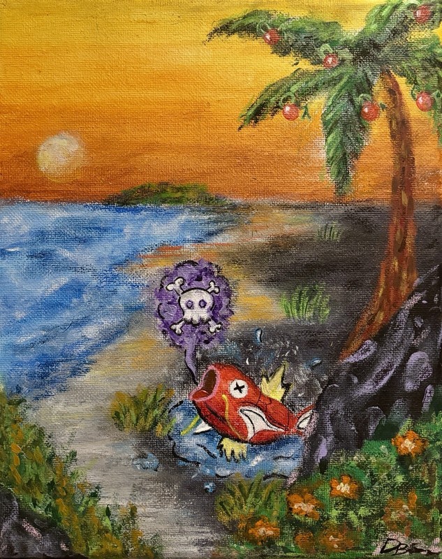 Original Signed Pokemon Painting “beached!!!” 8×10 canvas acrylic and oil pastel