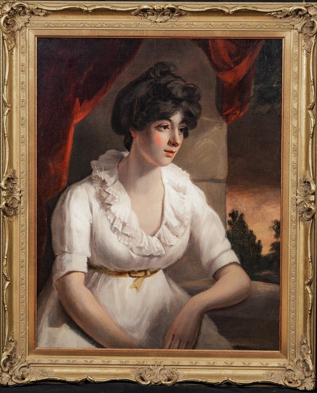 Large 19th Century English School Seated Portrait Of A Lady Wearing White Dress