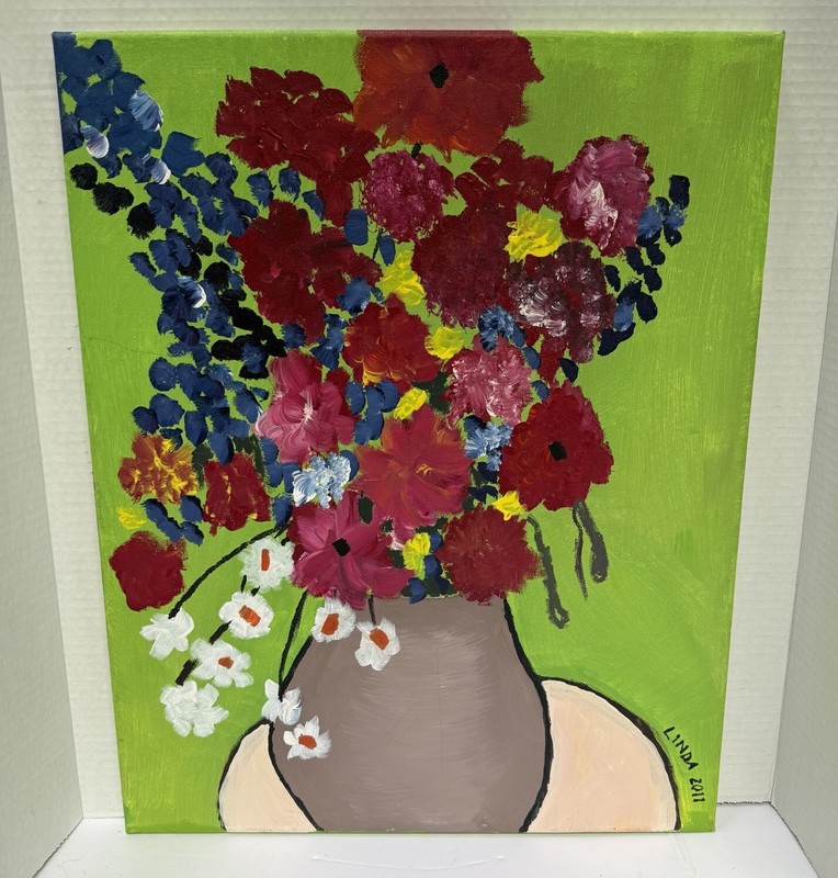 Original Vase Of Flowers Vibrant Colors And Green Background 16 W x 20 H Signed