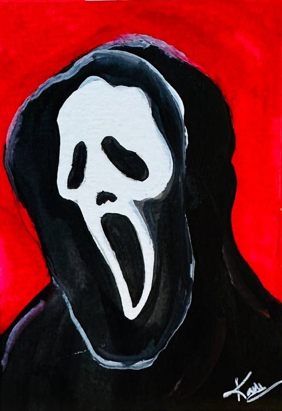 ACEO Ghost Face Horror Gothic Red Portrait Art Original Acrylic Painting OOAK