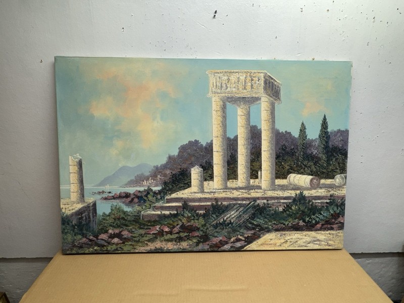 Large Original Oil Painting Canvas Ancient Ruins By The Sea Signed Spielmann