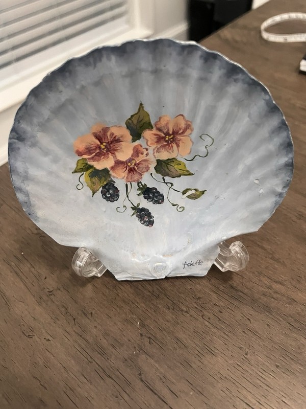 Antique Hand Painted Scallop Shell -Original Art-Signed-5"x5" gallery