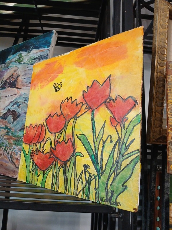 Colorful ABSTRACT POPPIES Tissue paper & India Ink PAINTING Naive Childlike
