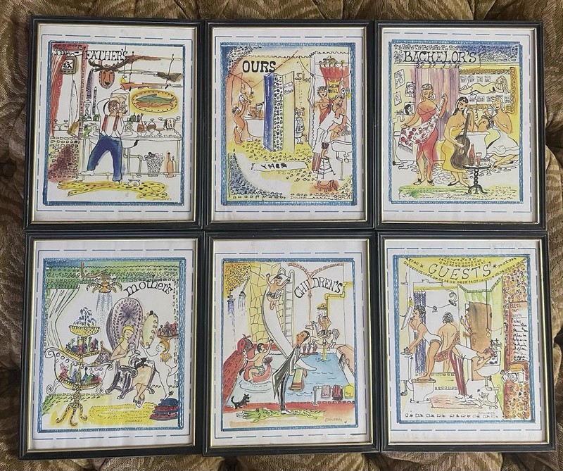 Vintage Art by Dolores 50/60’s era style pen & watercolor 8inx10in 6 total