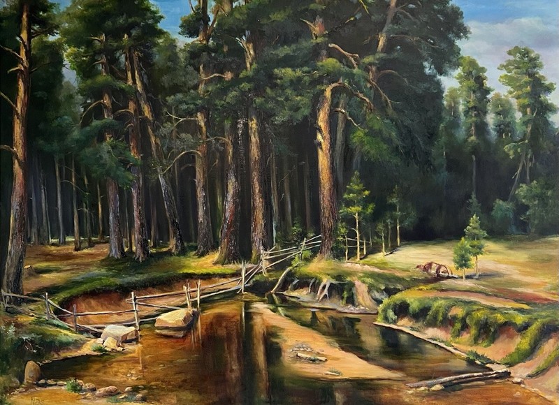 Pine Forest Painting, 38×28 inches , Large Green Trees Landscape, Wall Art Decor