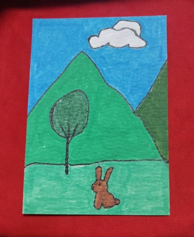 ACEO Original Art Card ATC Watercolor Bunny Landscape Whimsical Painting GAT