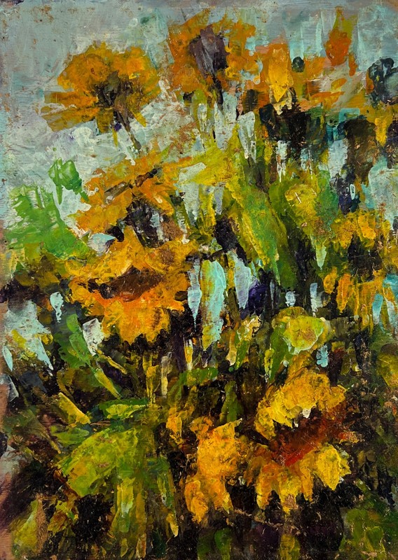 Oil Painting Sunflowers Are Growing V. Aksenov Unframed Original nAAA5034