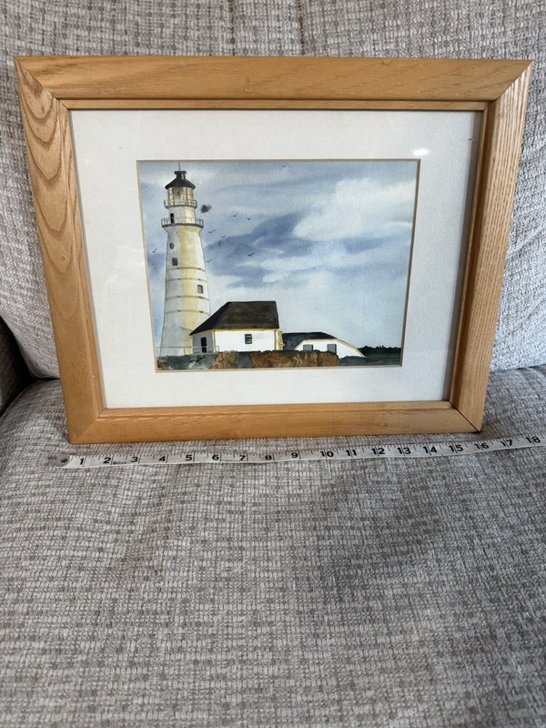 Medium Vintage Lighthouse Picture In Light Wood Frame 14”T X 17”W gallery