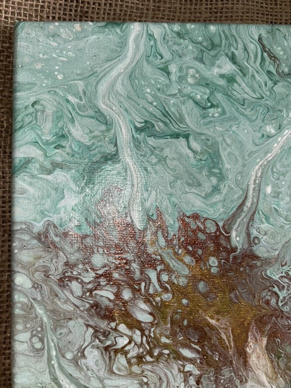 Modern Acrylic Marbleized Freeform Green White Copper Metallic Canvas 9”x12” gallery