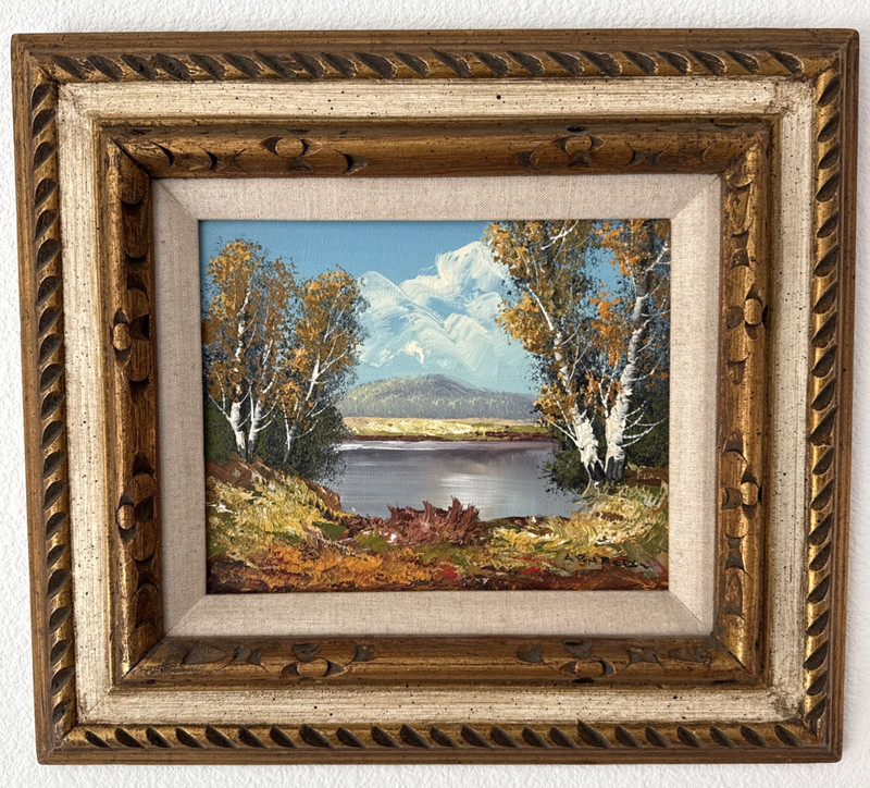 Johann Arnberger Signed Oil on Board Painting In Frame – Autumn Lake & Mountain