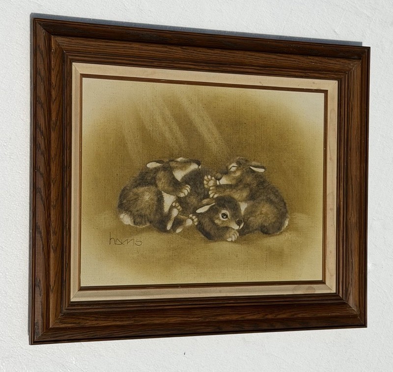 Vintage Peggy Harris Rabbits Oil on Canvas Painting Framed Signed 22” x 17”