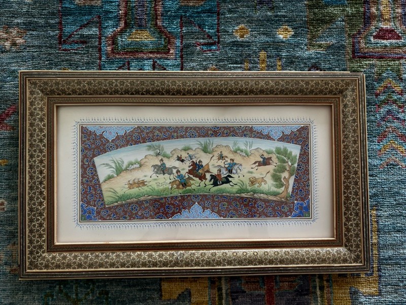 Two Persian Miniature Framed Hunting Scene Painting with Horsemen