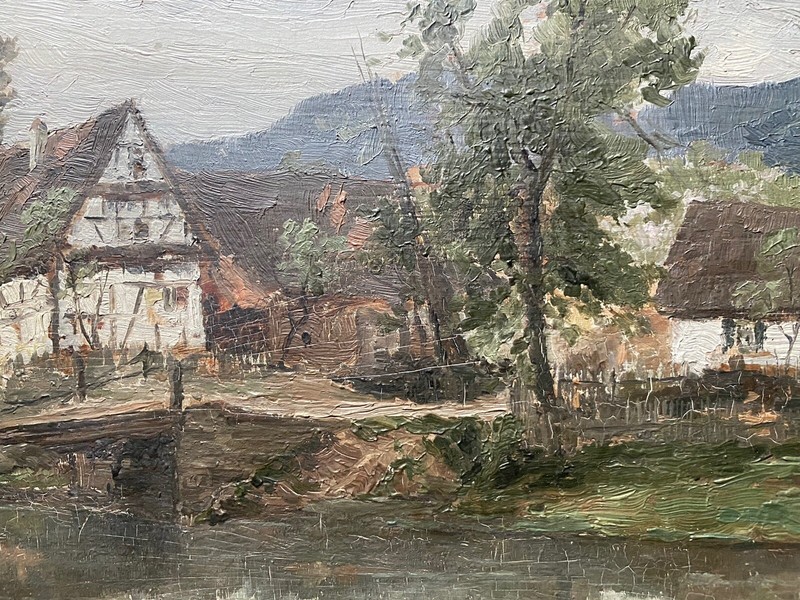 Impressionist Oil Painting Home on the Shore Timber Frame Bridge Signed Monogram gallery
