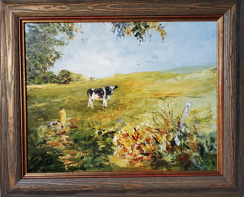 Original landscape oil painting – Cow Pasture by Rose Sinatra – Framed