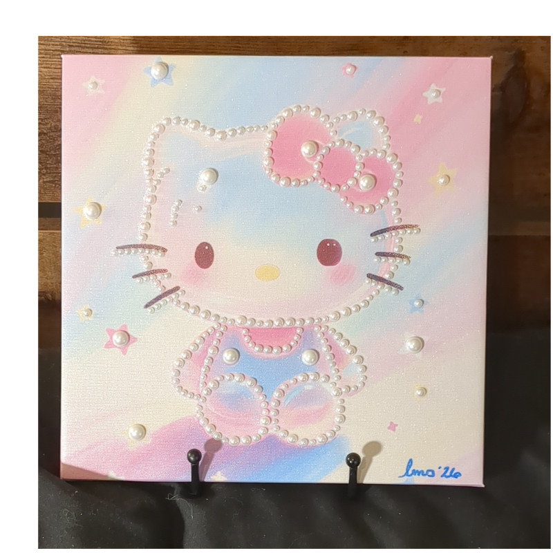 Hello Kitty Pearl- Embellished Painted Canvas. 8×8 inch. Framed.