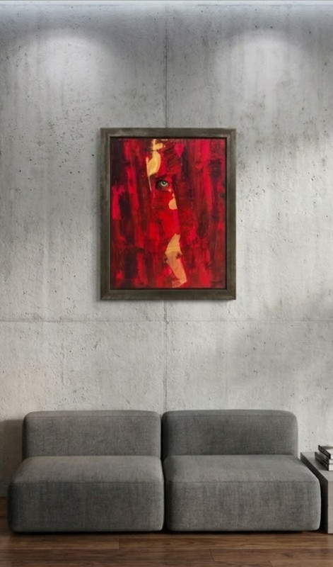 "The Gaze" Contemporary Expressionist Painting - Intense Red & Gold Wall Art gallery