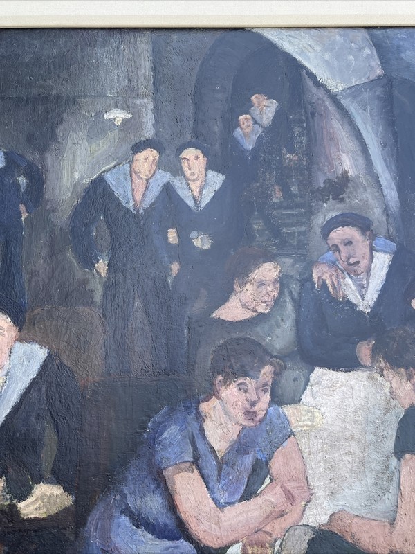ANTIQUE BAR PAINTING FRENCH PORTRAIT CLUB SOCIAL 1920'S LARGE OIL WPA STYLE RARE gallery