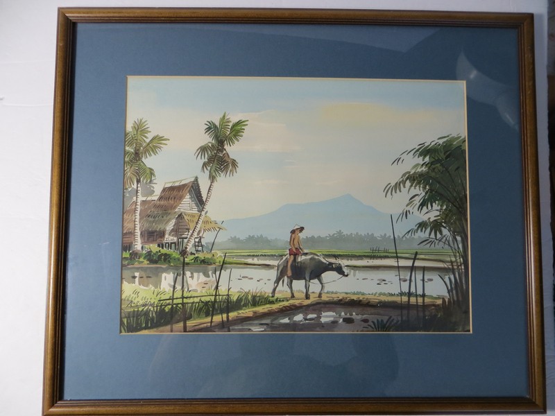 Beauty! Listed A.B. Ibrahim Watercolor Modernist Paintings Malaysian 20.5″ X 17″