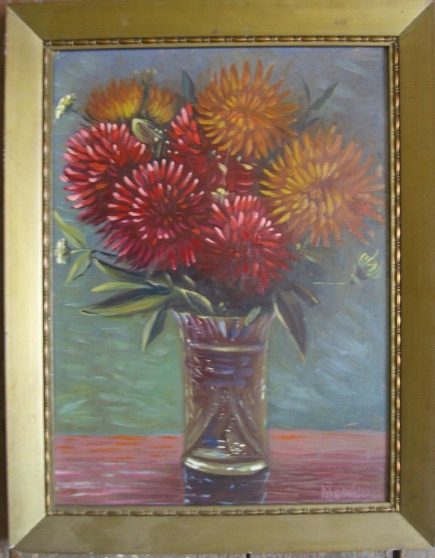 ::STILL LIFE °K. YOUNG FEATHER DAHLIA OIL PAINTING ANTIQUE FRAME NEW OBJECTIVITY