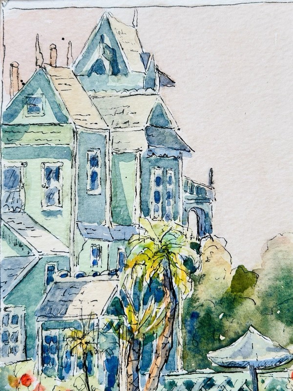 Victorian House & Garden Palms Watercolor OOAK Signed A. Cushing 7.25 x 4.75” gallery