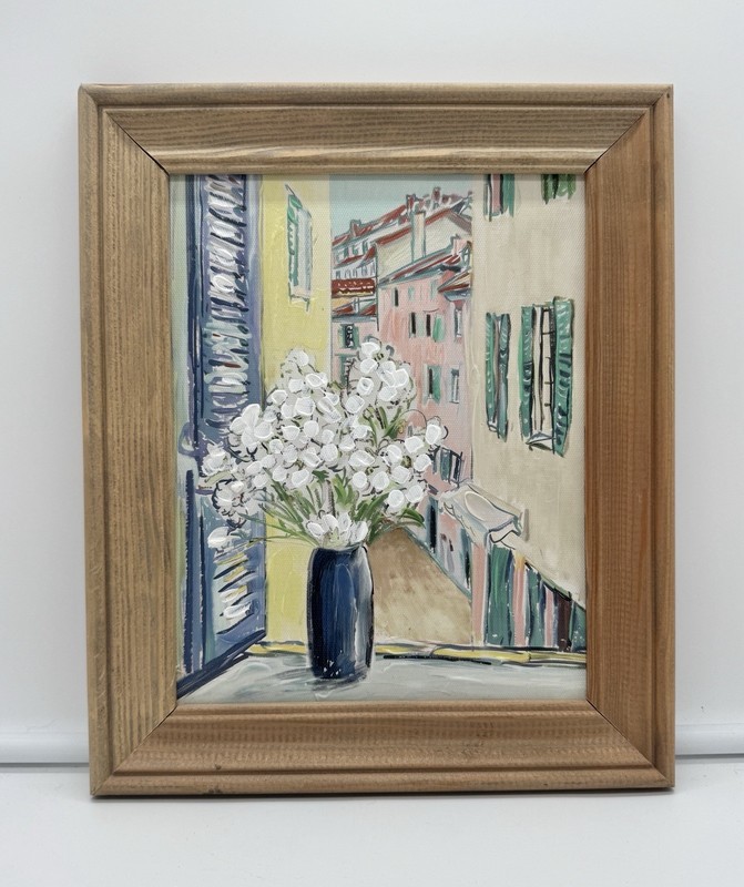 Oil Painting European Village Scene Spring 11.75”x9.75” Light Wood Frame Floral gallery