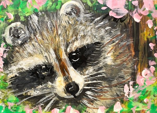 ORIGINAL ACEO Painting RACCOON Spring Flowers Landscape Animal Wild Nature ART