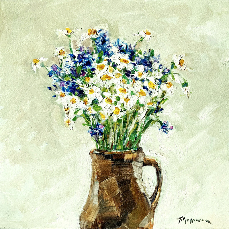 Original Daisy Wildflower Oil Painting 14×14″ Impasto Floral Still Life Art
