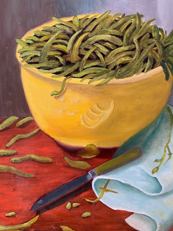 GREEN BEAN STILL LIFE OIL PAINTING VEGETABLE Vtg ORIGINAL SIGNED KITCHEN ART gallery