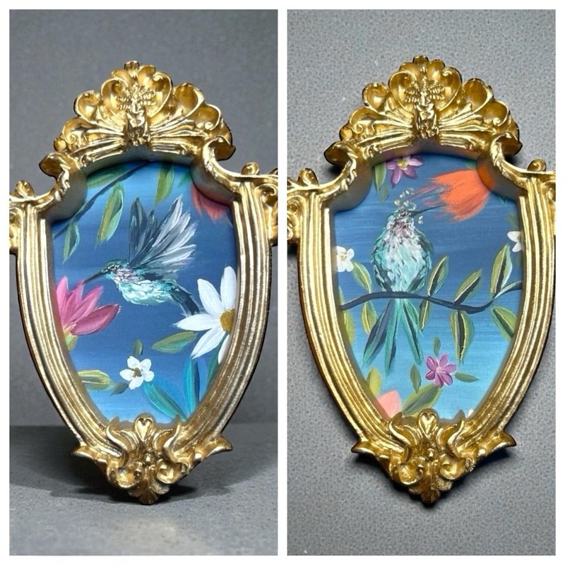 Set of 2• Hummingbird watercolor mini print in a gold vintage style ornate frame