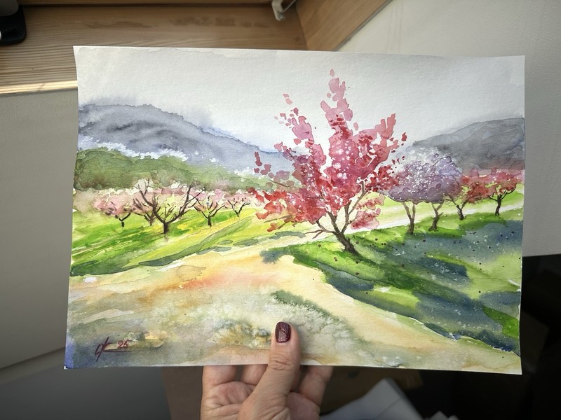 Bright Rose Tree peach blossom farm fields, home decor Original Watercolor A4 gallery