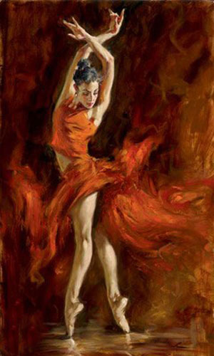 Oil painting female portrait young ballet girl Fiery Dance on canvas